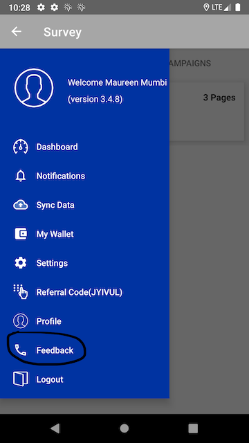 Provide feedback from participant Menu